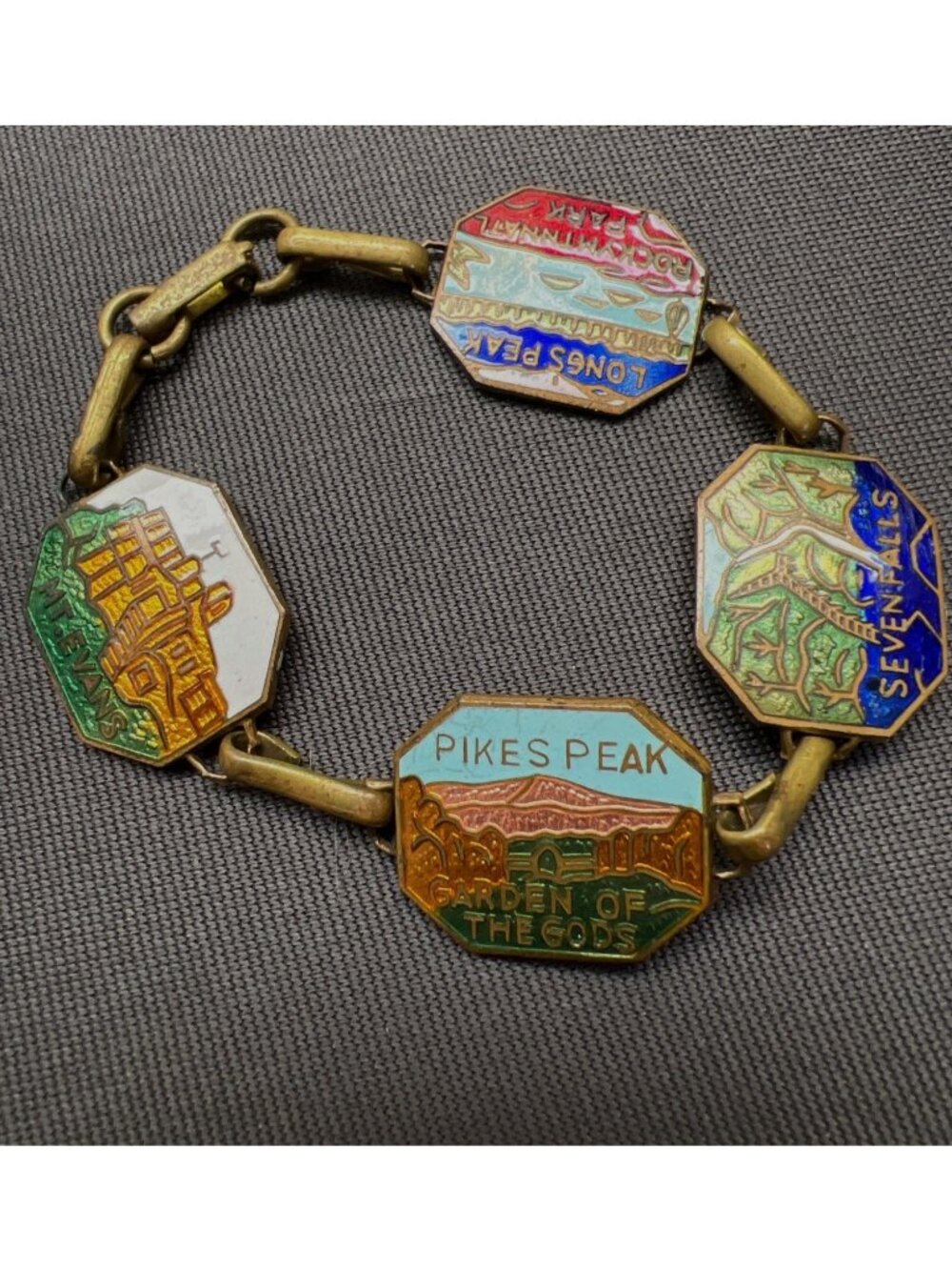 Vintage Colorado Souvenir Enamel Charm Bracelet Featuring Pikes Peak 7 Falls & R